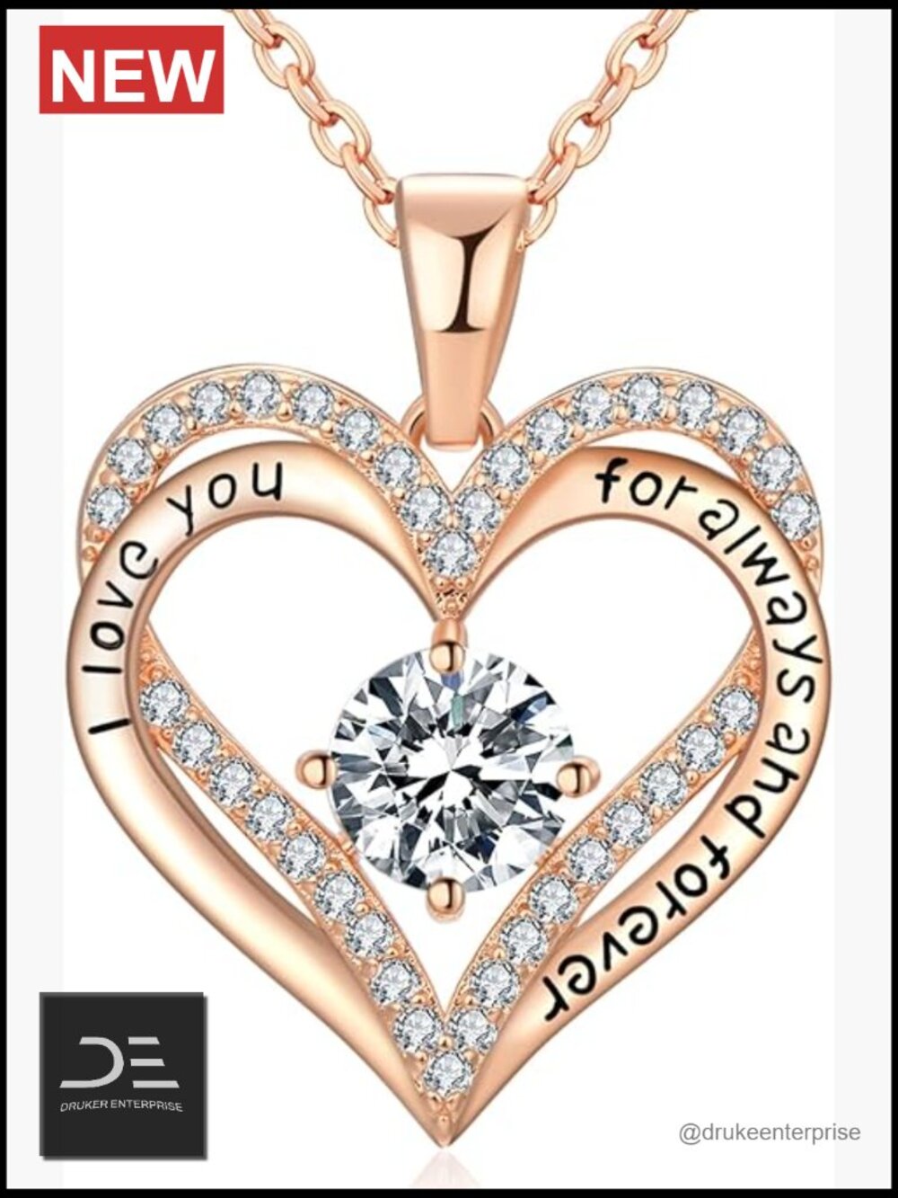 18K Rose Gold Plated Heart Pendant Necklace with Cubic Zirconia